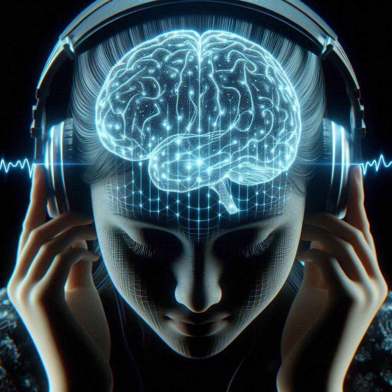 A woman wearing headphones, computer generated grid overlay on her face, along with a computer generated digital image of where her brain would be